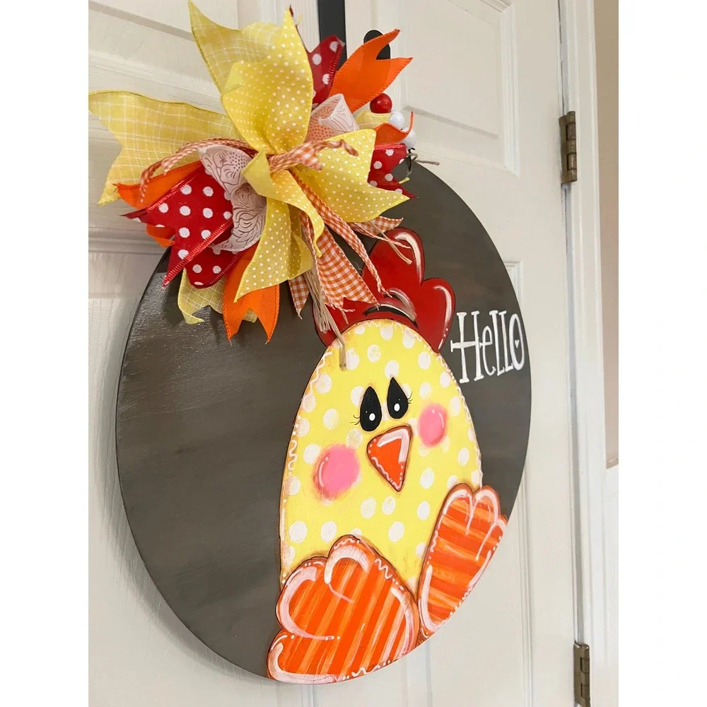 Hand Painted Wooden Chicken Hello Door Hanger Farmhouse Decor Yellow Orange Bow